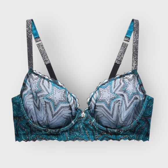 Savage X Fenty Shining Star Embroidered Unlined Demi Bra | 36C | Blue Festival - Picture 1 of 10